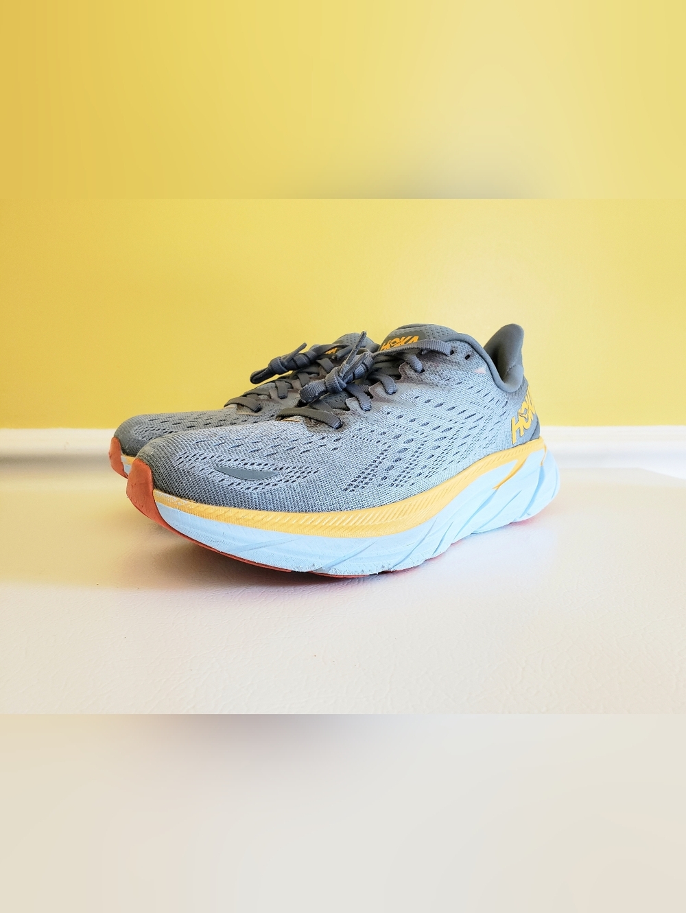 HOKA ONE ONE Men’s Clifton 8 Running Shoes (8.5D/10W Women's) Blue/Yellow